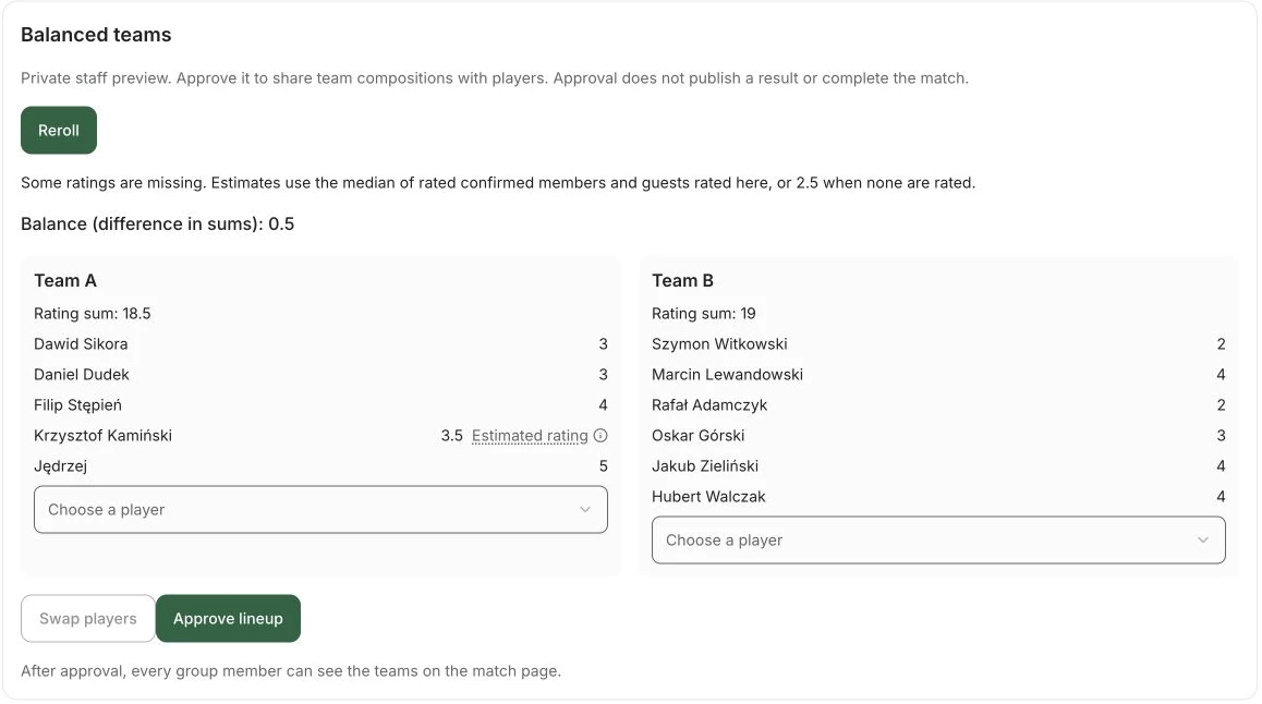 SpinMyTeam private team preview showing player ratings and two proposed sides