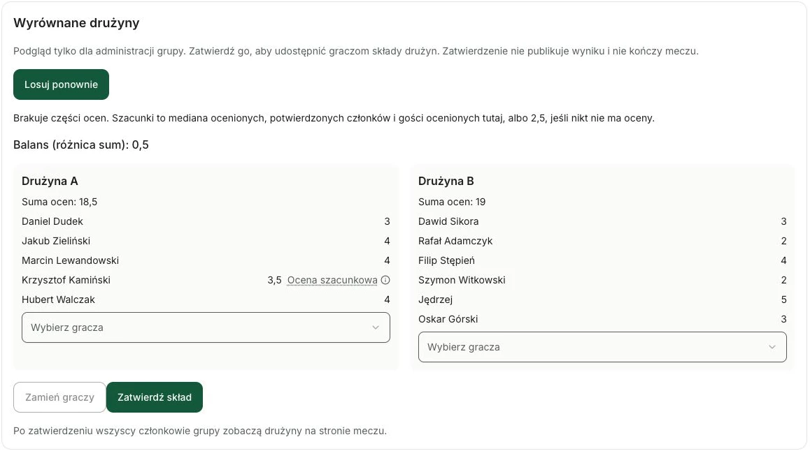 Prywatny podgląd drużyn w SpinMyTeam z ocenami graczy i proponowanym podziałem
