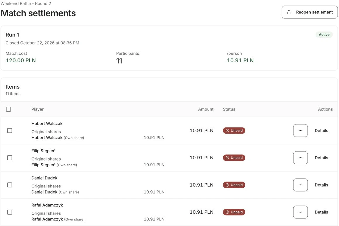 SpinMyTeam match settlement with a 120 PLN cost, 11 participants and individual unpaid shares