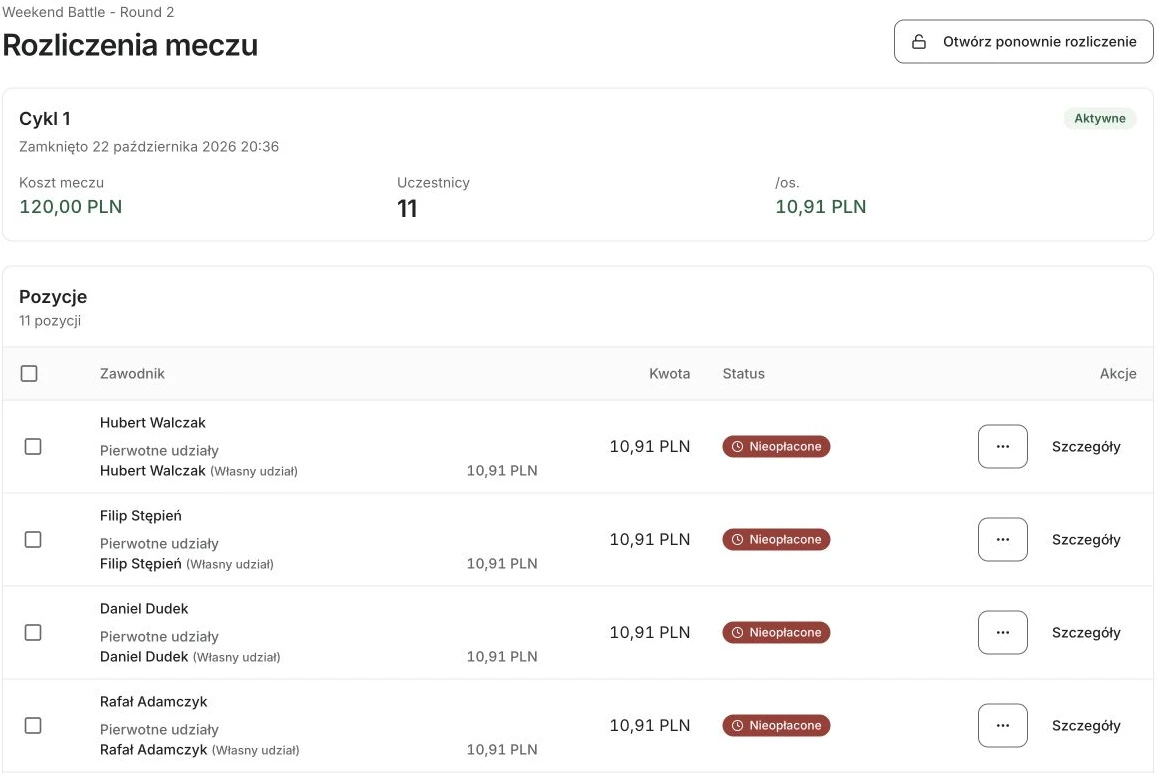 Rozliczenie meczu w SpinMyTeam z kosztem 120 zł, 11 uczestnikami i nieopłaconymi udziałami