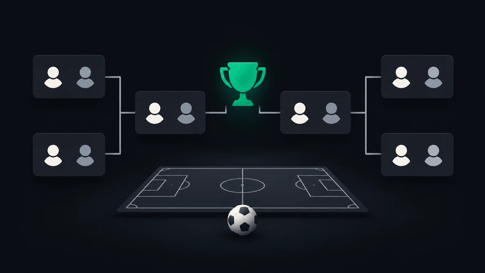 Tournament pairings leading to a green trophy above a football pitch
