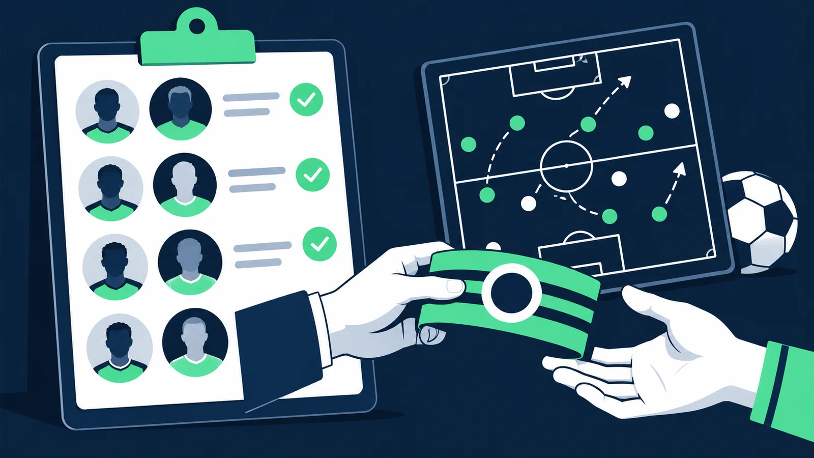 Player roster and football tactics board beside hands passing a green captain’s armband