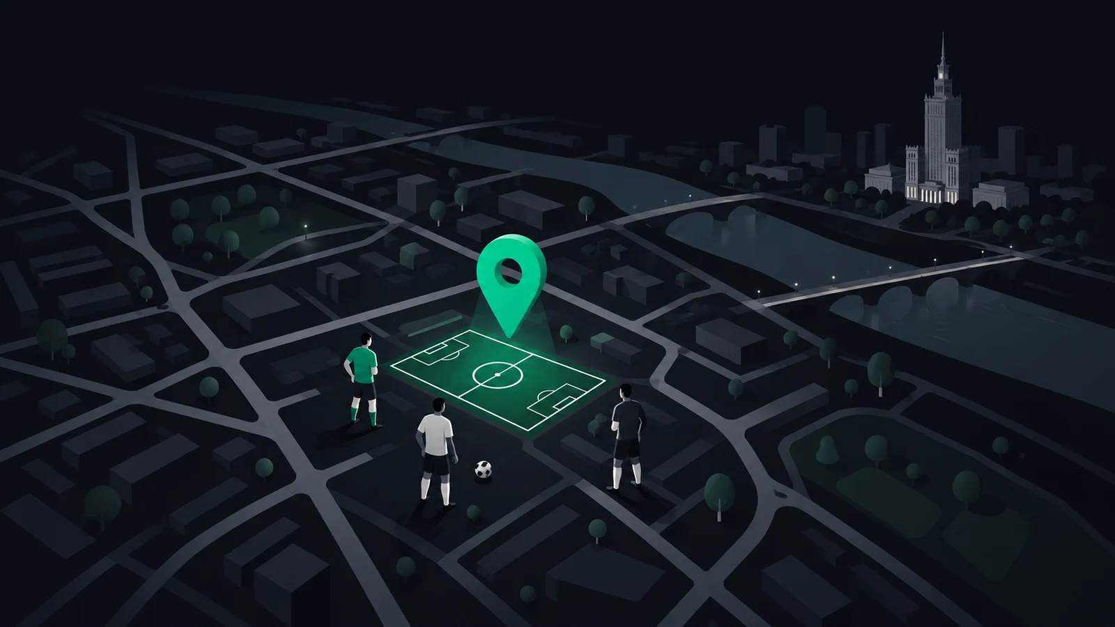 A green pitch location pin on a schematic Warsaw map beside three players
